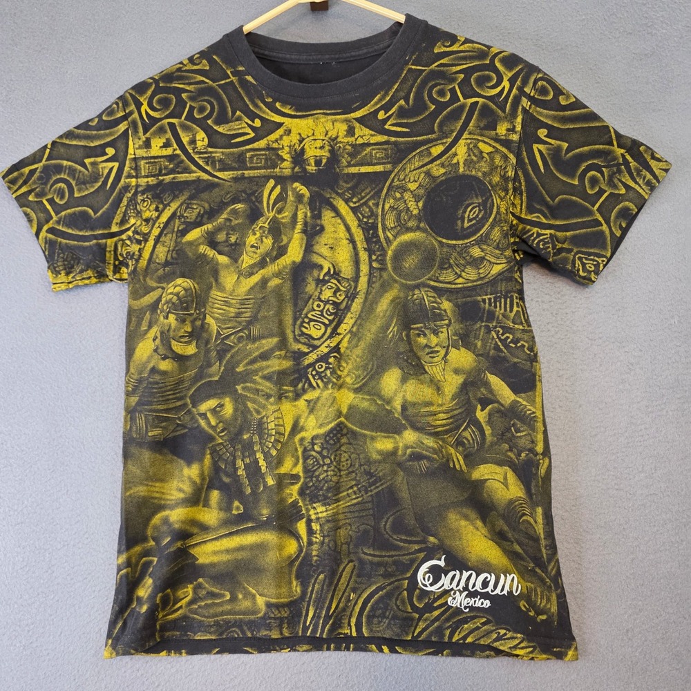 Cancun Mexico Aztec Mayan All Over Print Graphic T-Shirt Black Yellow Mens XS